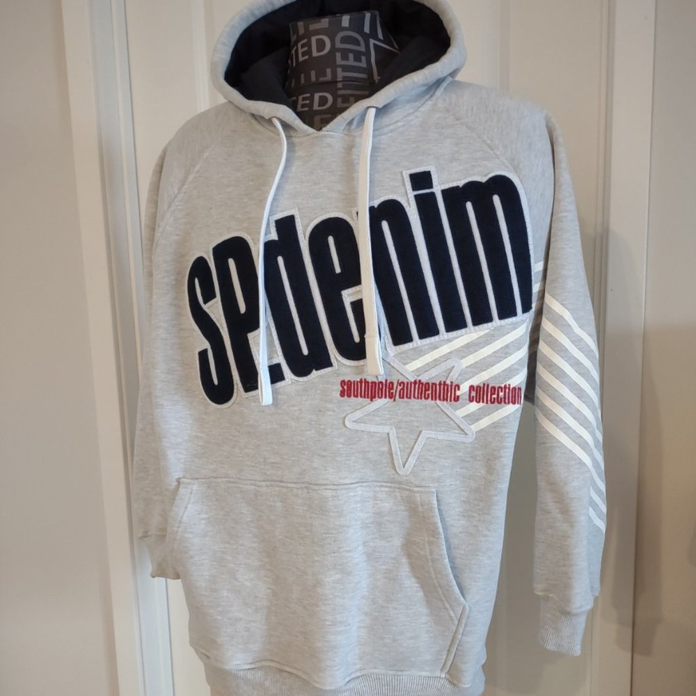 SOUTH POLE Denim Vintage Hoodie Sweatshirt Size L Varsity Chenille Lettering